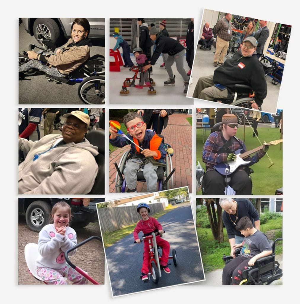 Collage of children and adults using wheelchairs and adaptive mobility equipment during everyday activities and community events.