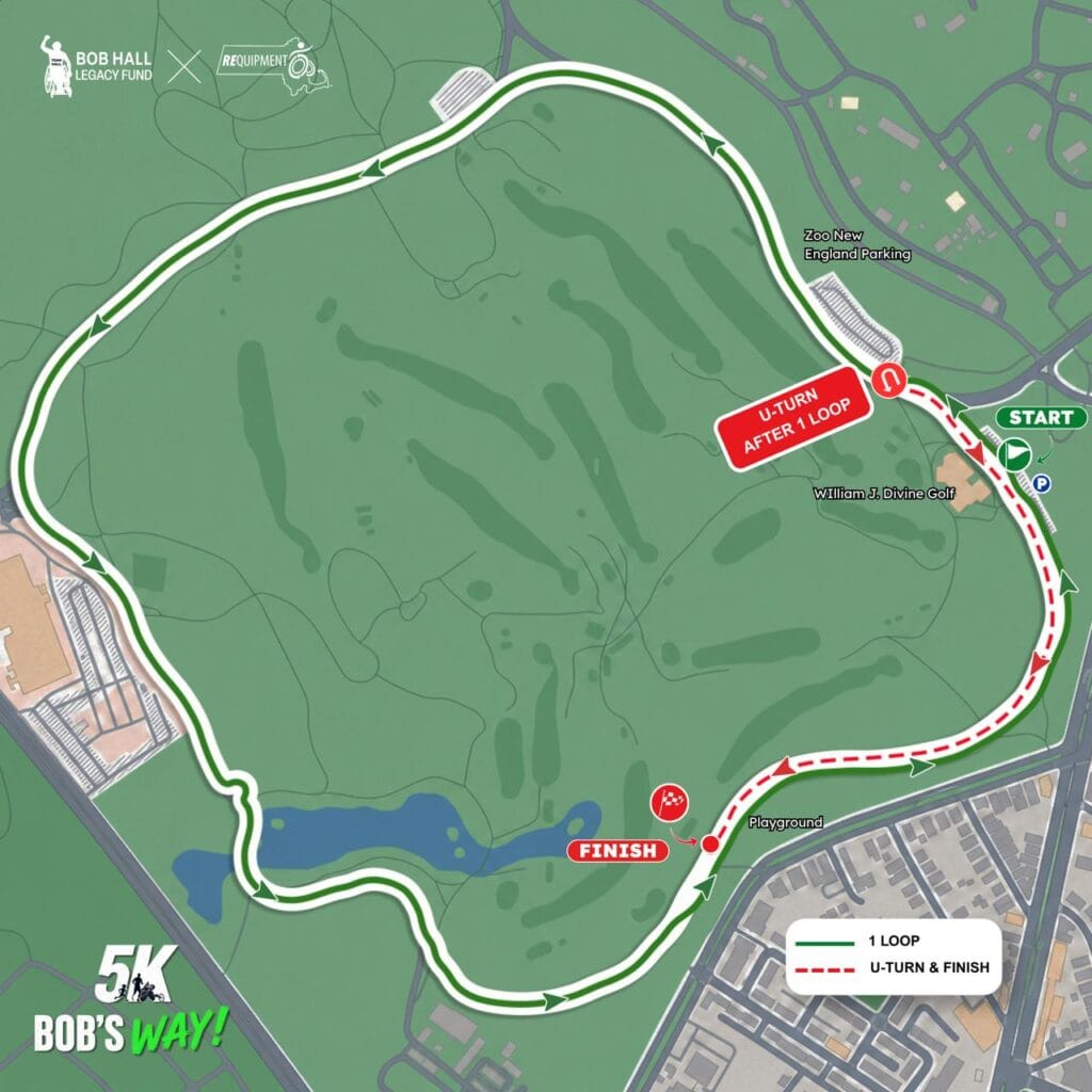 Route map for the 5K Bob’s Way course at Franklin Park in Boston, showing the start, one-loop route, U-turn and finish.